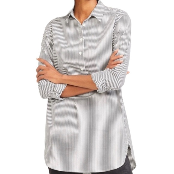 J. McLaughlin Top Striped Button Front Cotton Tunic Black White Medium - Picture 1 of 12